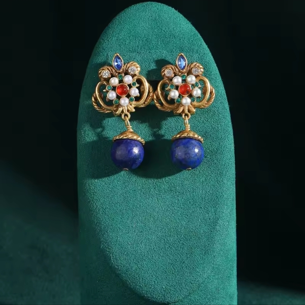 Vintage Blue and Gold Drop Earrings - Picture 2 of 8